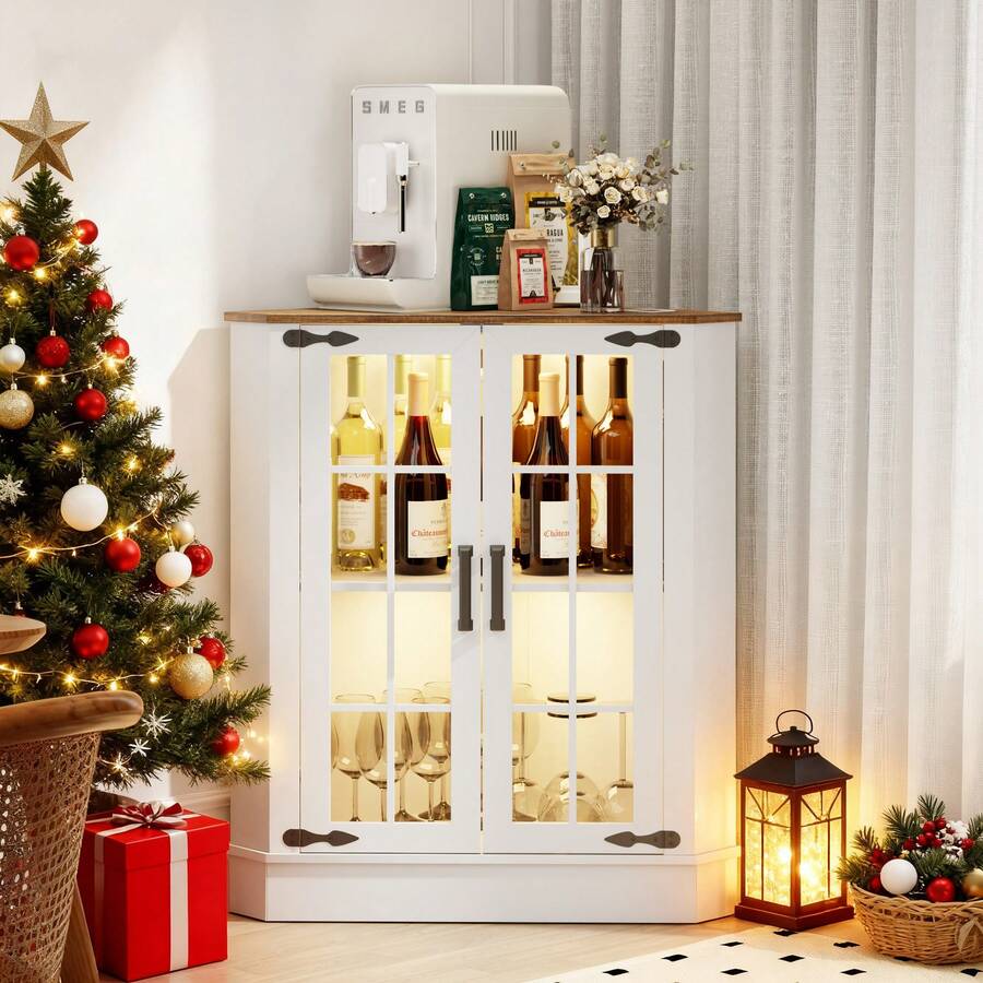Storage & Organization - خزانة بتصميم ريفي مع إضاءة LED،